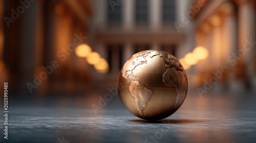 A metallic globe sits centered on a reflective surface in a grand, softly lit architectural space with warm ambient lighting.