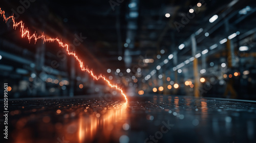 Industrial Spark: A vibrant orange lightning bolt crackles across a metallic surface in a vast industrial setting, illuminated by a network of distant lights.
