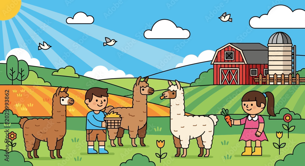 Naklejka premium Children standing with Llamas on farm.