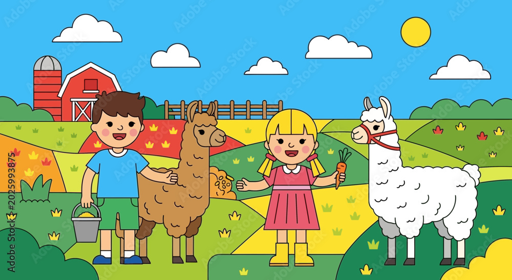 Fototapeta premium Children standing with llama and alpaca.