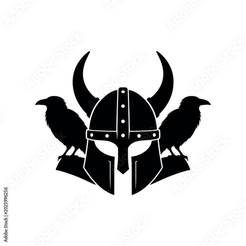 Black viking helmet with two ravens on a white background