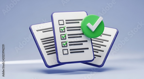 3D illustration of completed checklist documents with large green check mark symbolizing approval and task success checklist approved document questionnaire complete finished feedback business