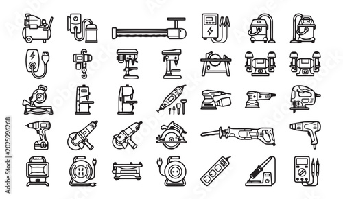 Obraz na plátně Construction and power tool outline icon set with construction, equipment
