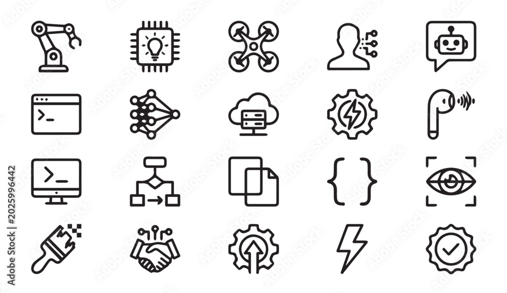Fototapeta premium Digital technology and artificial intelligence icon set with technology