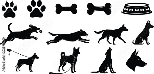 Canvastavla Silhouette of various dog poses and dog related items