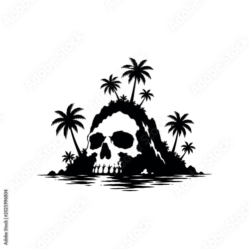 Black silhouette of a tropical island shaped like a human skull with palm trees