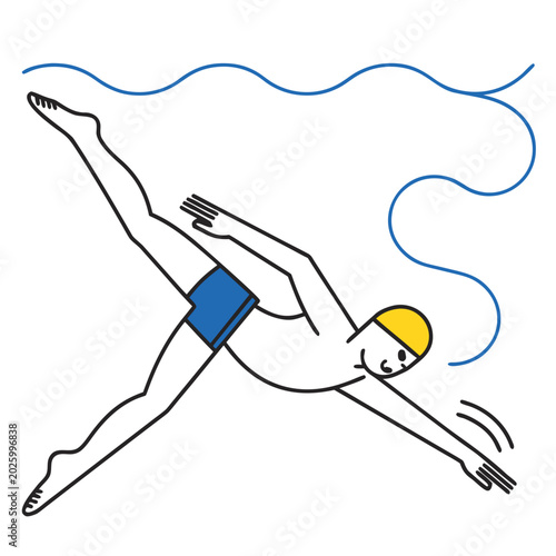 Swimmer in blue shorts and yellow cap diving into water