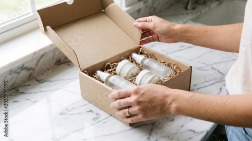 Woman opening a cardboard box filled with various cosmetic products and bottles ready for unboxing