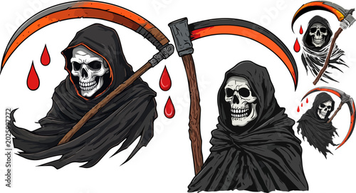 Schilderij op canvas Grim reaper skeleton vector set, hooded death character with scythe and blood dr