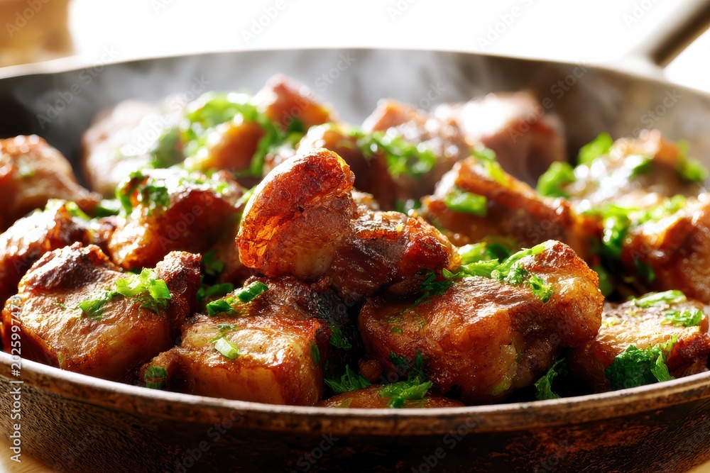 Fototapeta premium Crispy pork belly pieces frying in hot iron pan with herbs for savory dinner preparation.