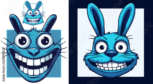 Foto Crazy blue rabbit cartoon character, funny bunny mascot with big smile and teeth