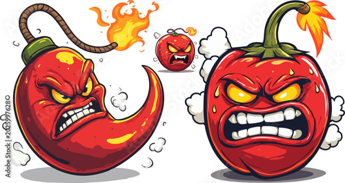 Canvastavla Angry chili pepper bomb cartoon characters, spicy red hot pepper mascot with bur