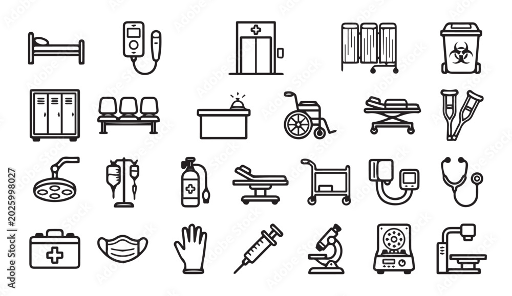 Fototapeta premium Hospital equipment and medical facilities line icon collection with hospital