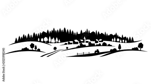 Black and white silhouette illustration of a rolling countryside landscape with a village.