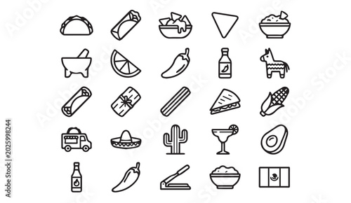Принти на полотні Mexican food and cuisine thin line icons with pi ata tortilla sombrero