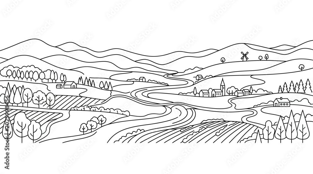 Naklejka premium Hand drawn landscape illustration with rolling hills and winding river.