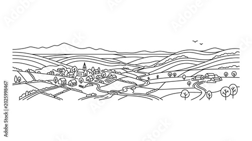 Hand drawn illustration of a small rural village in a valley landscape.