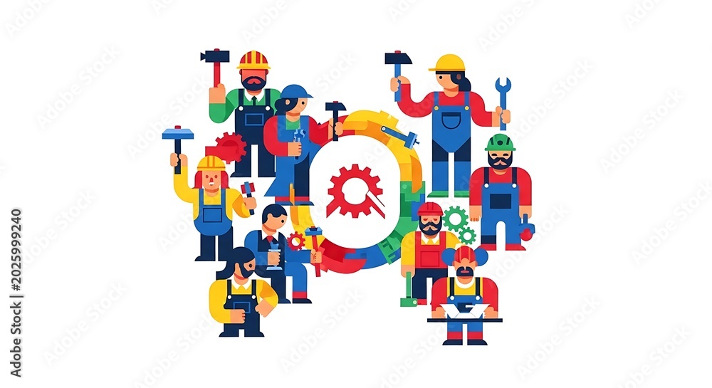 Fototapeta premium Illustrated team of construction workers holding tools around colorful gear icon
