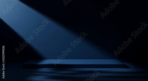Minimalist empty product display stage with a sharp diagonal spotlight beam illuminating a dark blue surface background spotlight minimalist platform showroom presentation abstract
