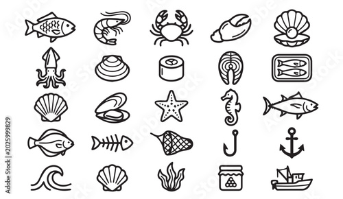 Εκτύπωση καμβά Set of seafood and marine life outline icons with shellfish starfish seahorse