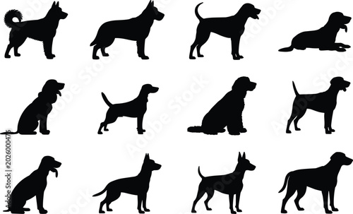 Obraz na płótnie Dog silhouettes collection, black vector icons of different breeds, sitting, sta