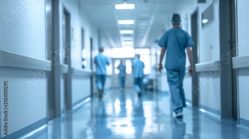 Medical professionals in scrubs walking through a hospital corridor with bright lighting and blurred figures in the background, showcasing a healthcare environment