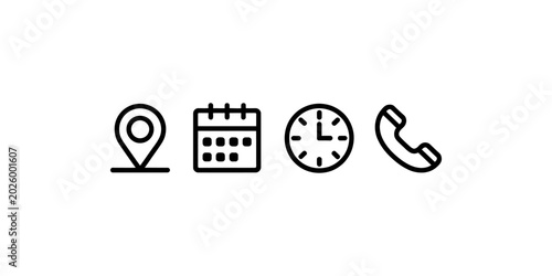 Schilderij op canvas Set of four thin line contact icons including location pin calendar date clock t