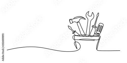 Continuous line drawing of a tool box filled with a hammer wrench and screwdrivers for home repair construction and diy maintenance projects Vector, illustration