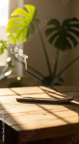 Peaceful morning: incense stick burning on sunny wooden table with indoor plants