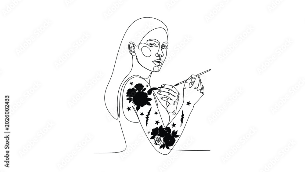 Obraz premium Minimalist continuous line art of a woman painting flowers on her arm.