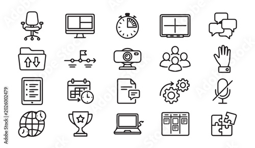 Office management and business meeting line icons with business, management