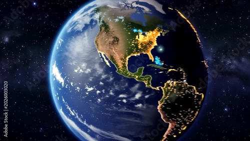 A stunning 3D view of the blue planet Earth and moon in space, showcasing continents, oceans, and a glowing atmosphere against a dark universe of stars