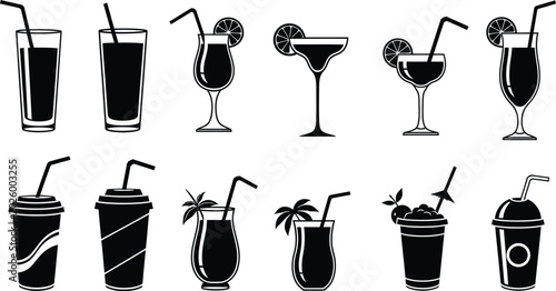Black silhouette drink icons set cocktails juices and sodas isolated on transparent background