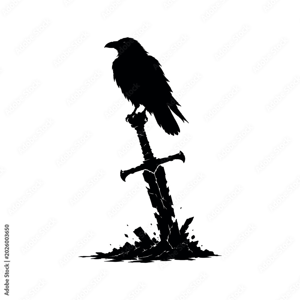 Fototapeta premium Raven perched on a broken sword stuck in a pile of rubble silhouette
