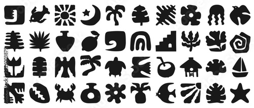 Retro 70s-inspired abstract summer icons. Set silhouettes includes waves, rainbow, marine animals, plants, and beach elements. Hand drawn design.