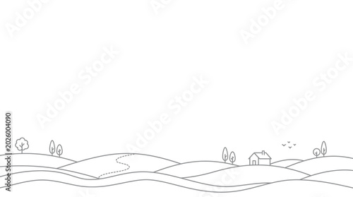 Hand drawn doodle landscape with rolling hills and small house.