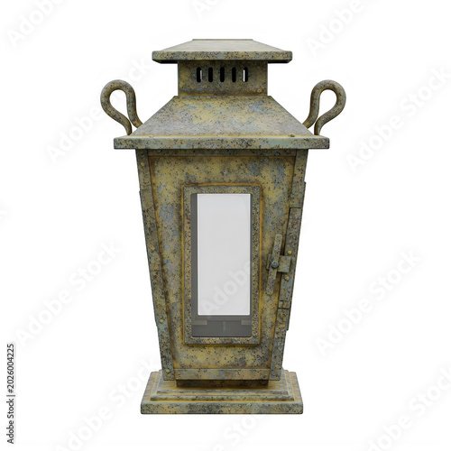 Vintage metal lantern with decorative top isolated on white background