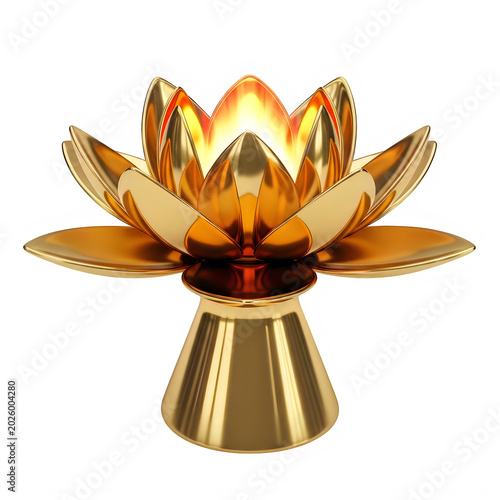 Golden lotus flower with decorative petals and stripes isolated on white background