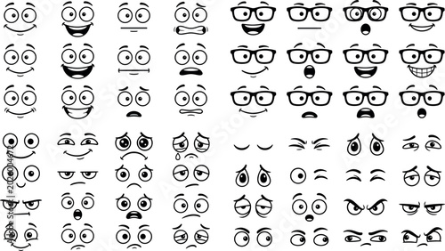 Φωτογραφία Set of Black and White Cartoon Facial Expression and Eye Vector Illustrations Sh