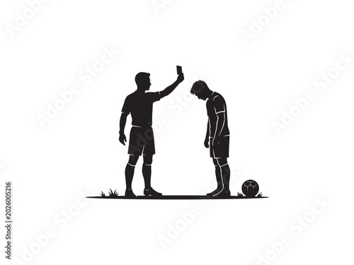 Silhouette photograph showing a soccer referee holding up a penalty card to a sad player standing on white background
