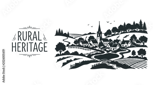 Hand drawn vintage style illustration of a peaceful rural village landscape.