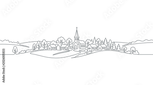 Foto Minimalist continuous line drawing of a charming small village with a church spire