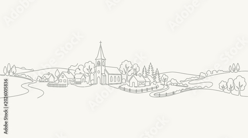 Tableau sur toile Panoramic hand drawn line art illustration of a quaint village landscape with a church steeple