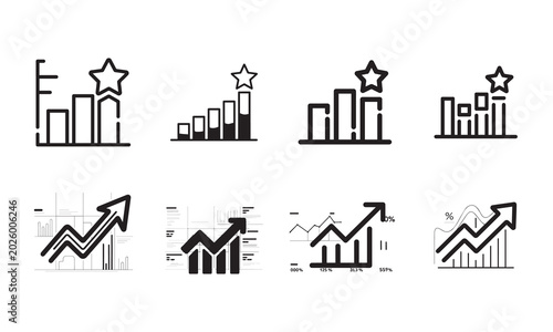 Foto Growth and success icons set with bar charts and upward trending line graphs