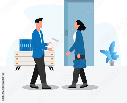 Business colleagues discussing project in office hallway vector illustration