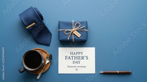 Father's Day greeting card with blue necktie and gift box, flat lay of masculine holiday celebration items, coffee cup and pen on blue background
