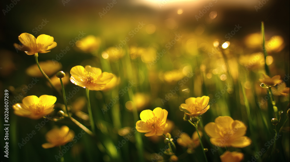 Obraz premium high resolution detailed illustration of a close up view of yellow flowers in a grassy field during the evening. Golden hour lighting creates a glowing effect with gentle lens flares on the 