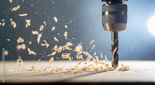 Drill bit cutting wood in manufactory