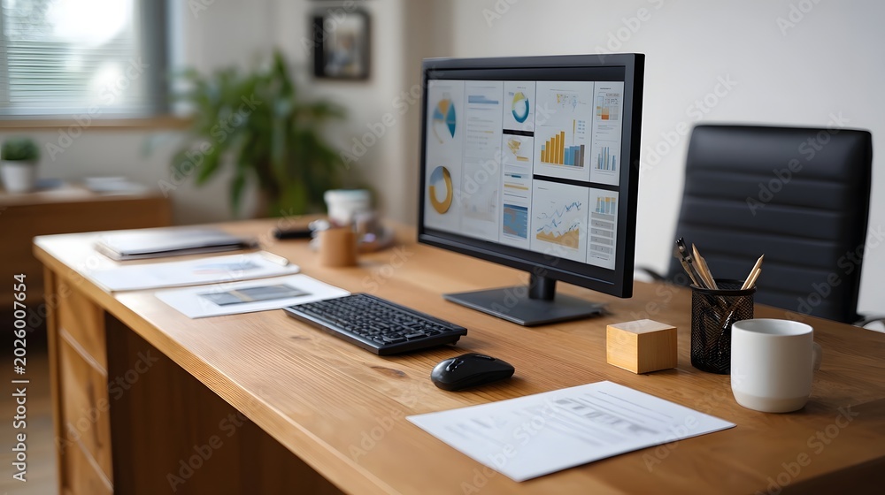 Naklejka premium A clean and organized modern desk setup featuring a computer monitor keyboard and business documents symbolizing professional work and data analysis