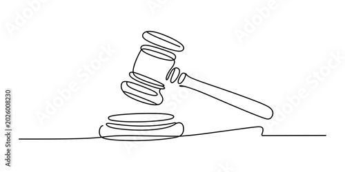 Cuadro en lienzo Continuous single line drawing of a wooden judge gavel hitting a sound block for